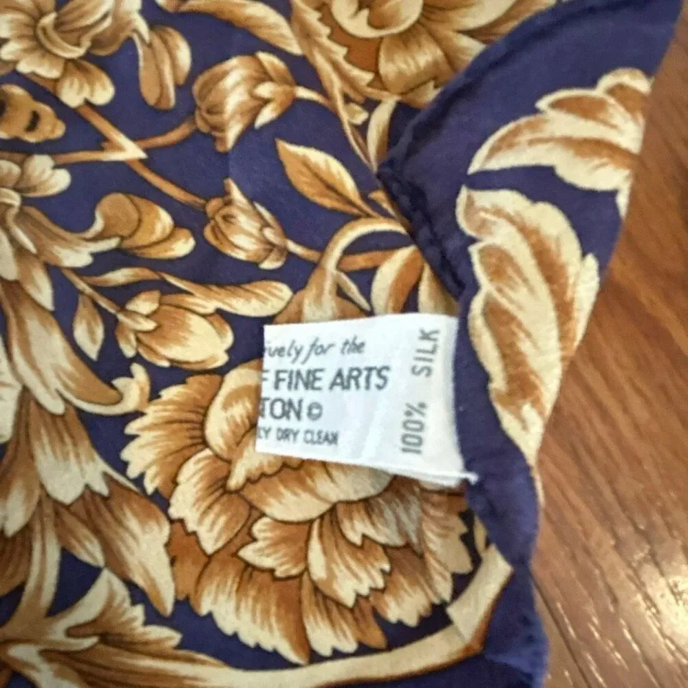 Museum of fine arts Boston 100% silk scarf, floral Navy tan made in Japan
